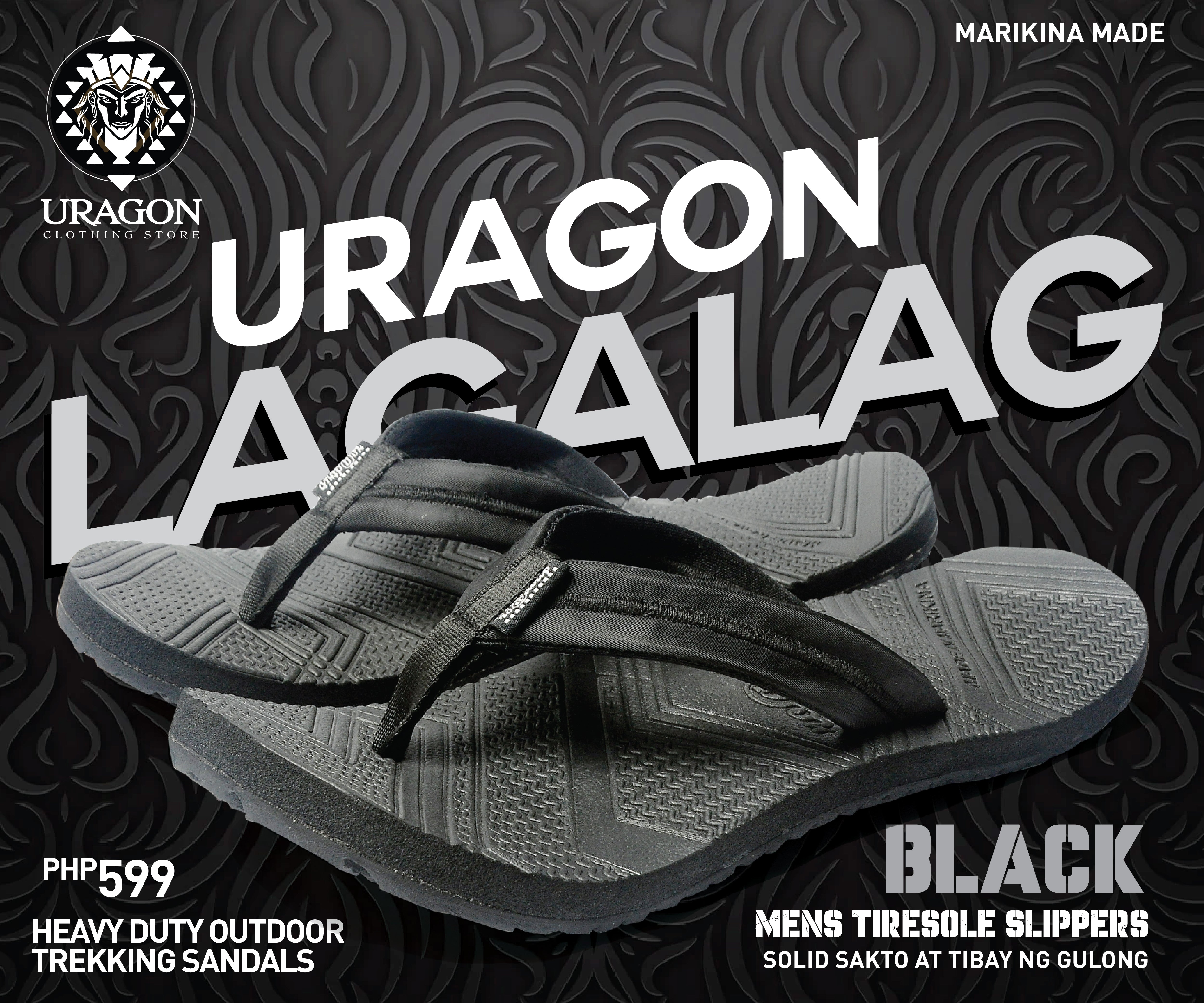 Uragon Lagalag Mens Tiresole Slippers Black